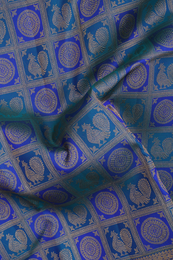 Kanchipuram Silk Saree In Shades Of Blue With Peacock Design