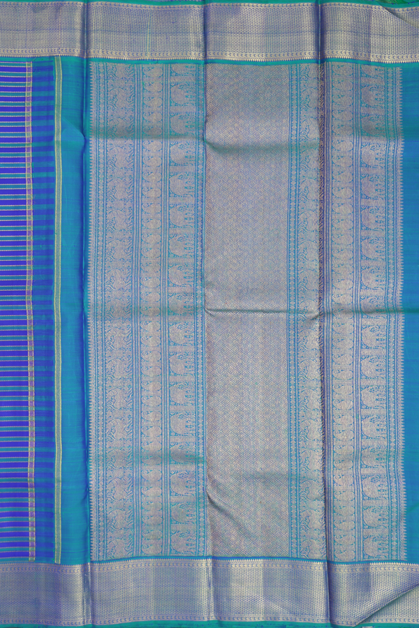 Kanchipuram Silk Saree Blue And Dual Tone With Stripes Design