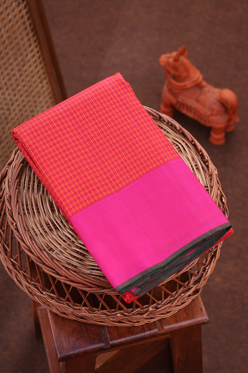 Kanchipuram Silk Saree In Red And Orange With Checks Design