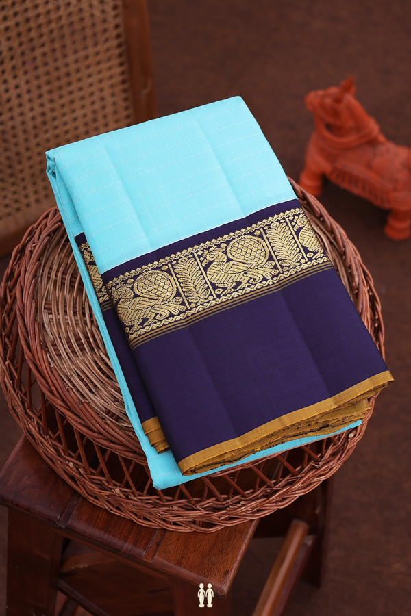 Kanchipuram Silk Saree In Sky Blue With Checks Design