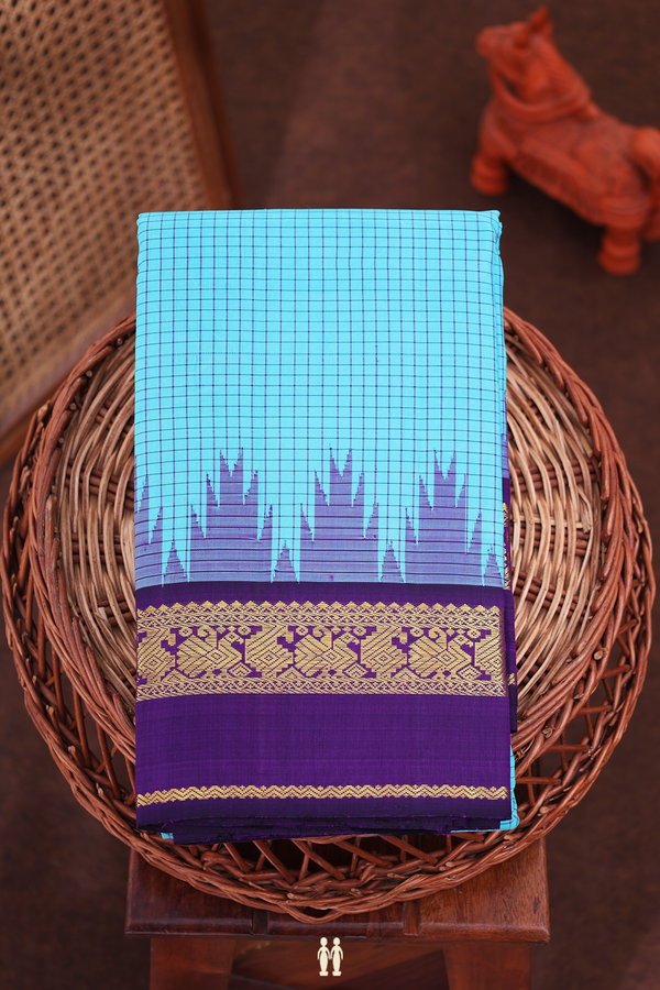 Kanchipuram Silk Saree In Sky Blue With Checks Design