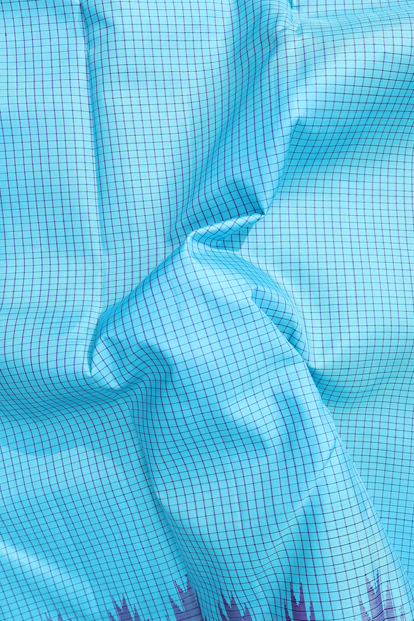 Kanchipuram Silk Saree In Sky Blue With Checks Design