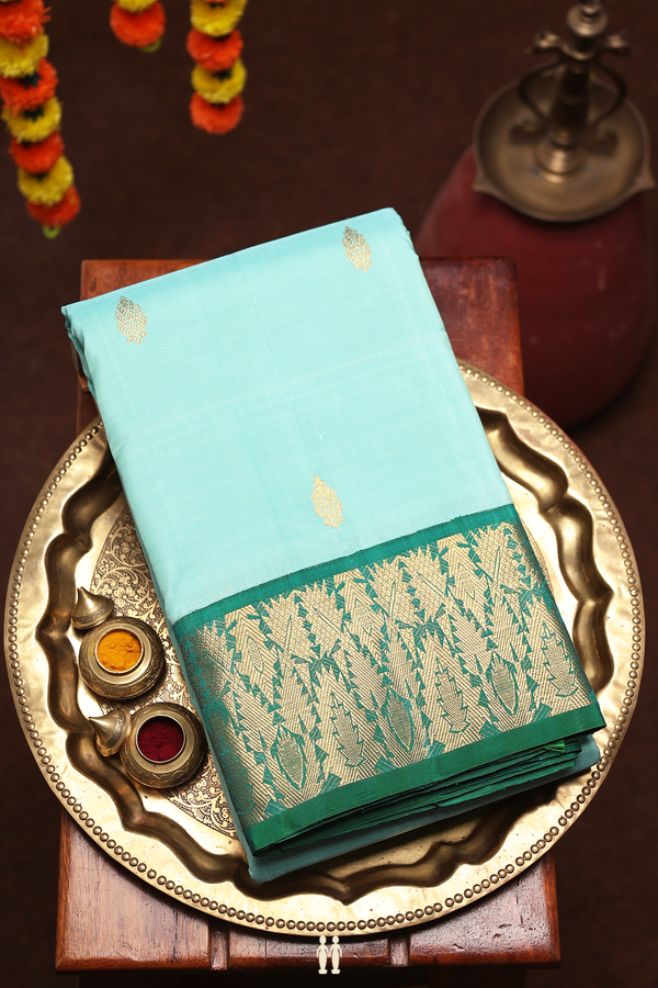 Kanchipuram Silk Saree In Sky Blue With Zari Buttas
