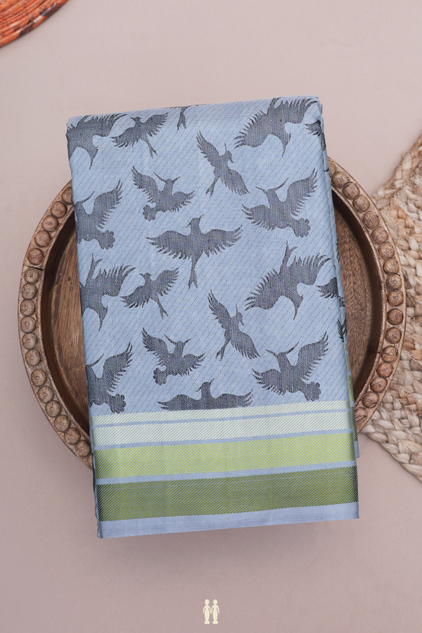 Kanchipuram Silk Saree In Steel Blue With Birds Thread Design