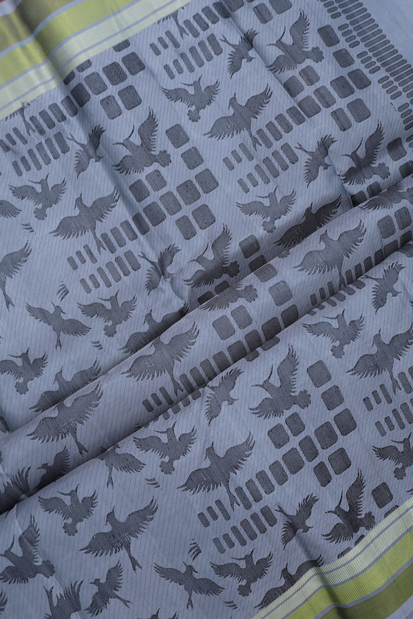 Kanchipuram Silk Saree In Steel Blue With Birds Thread Design
