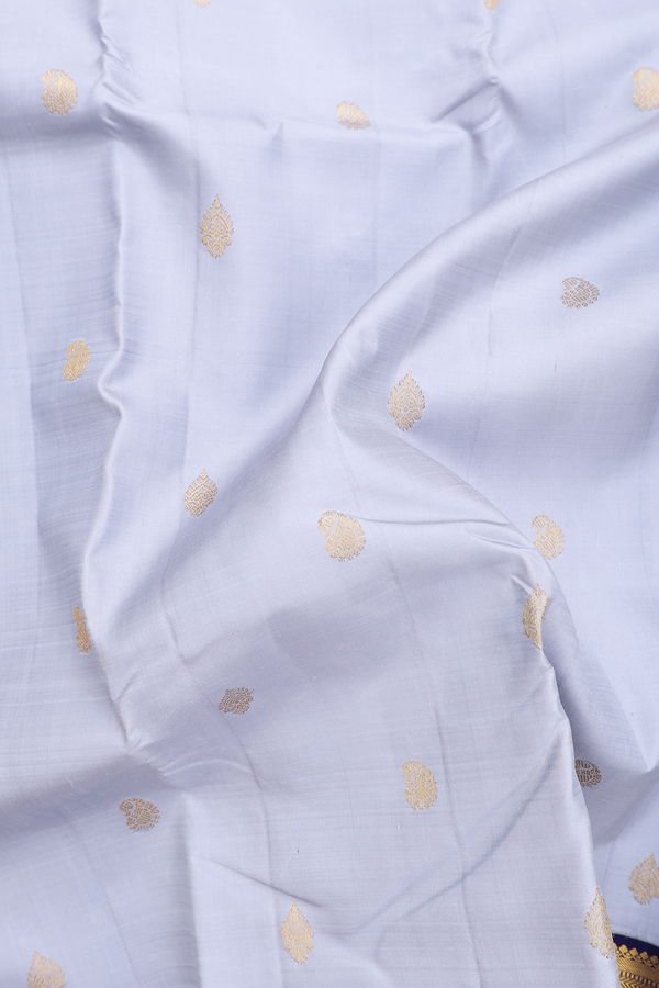 Kanchipuram Silk Saree In Steel Blue With Paisley Buttas