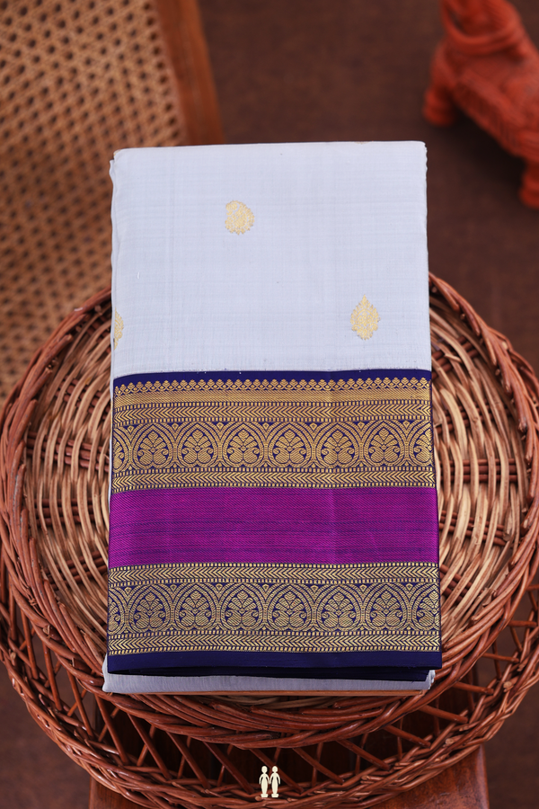 Kanchipuram Silk Saree In Steel Blue With Paisley Buttas