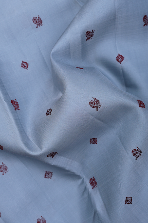 Kanchipuram Silk Saree In Steel Blue With Peacock Buttas
