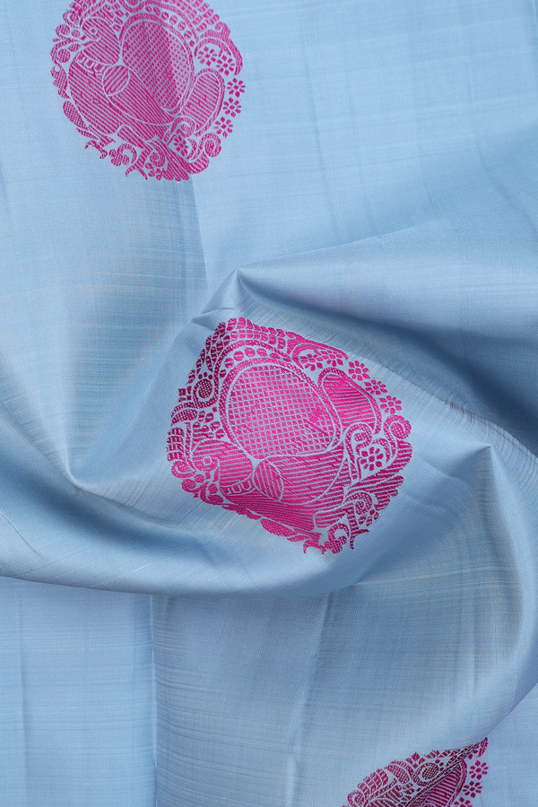 Kanchipuram Silk Saree In Steel Blue With Peacock Motifs
