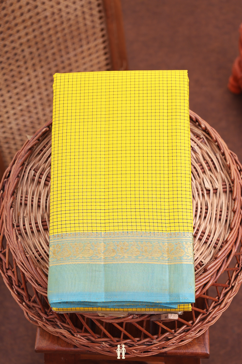 Kanchipuram Silk Saree In Sunflower Yellow With Checks Design