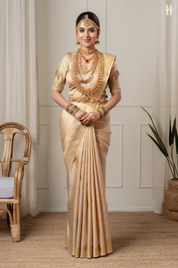 Kanchipuram Silk Saree In Tan Brown With Stripes Design
