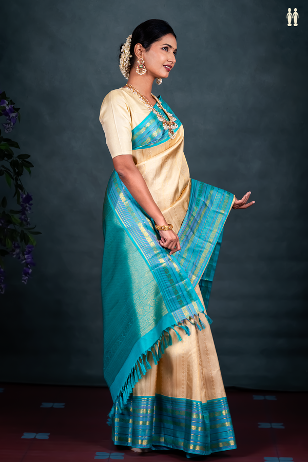 Kanchipuram Silk Saree In Tan Brown With Stripes Design