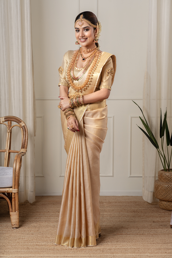 Kanchipuram Silk Saree In Tan Brown With Stripes Design