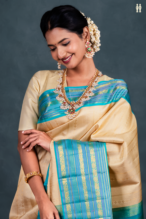 Kanchipuram Silk Saree In Tan Brown With Stripes Design