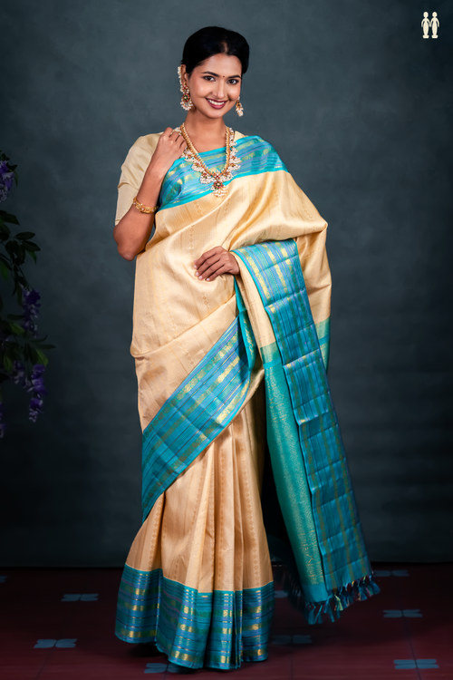 Kanchipuram Silk Saree In Tan Brown With Stripes Design