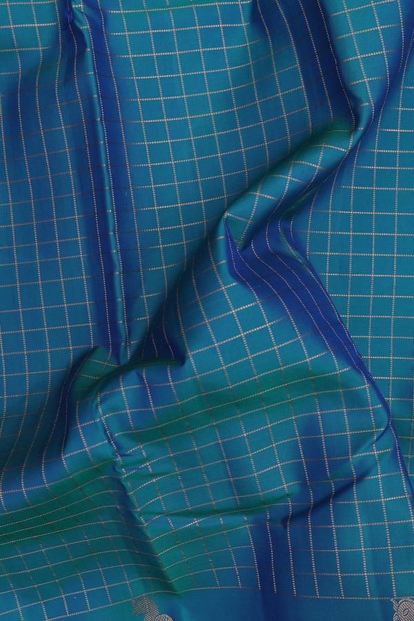Kanchipuram Silk Saree In Teal Blue With Checks Design