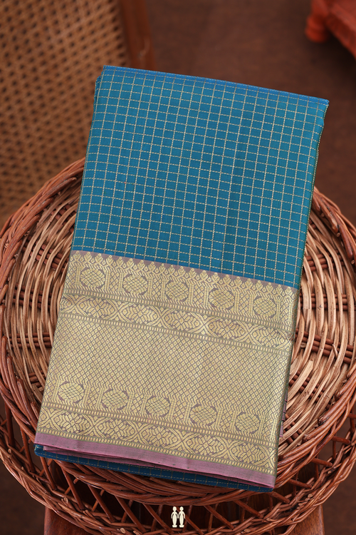 Kanchipuram Silk Saree In Teal Blue With Checks Design