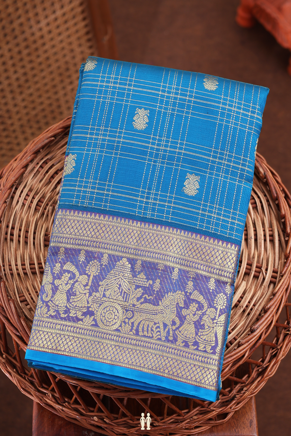 Kanchipuram Silk Saree In Teal Blue With Checks Design