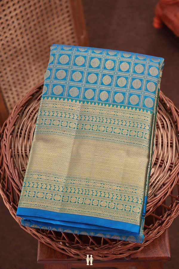 Kanchipuram Silk Saree In Teal Blue With Checks Design