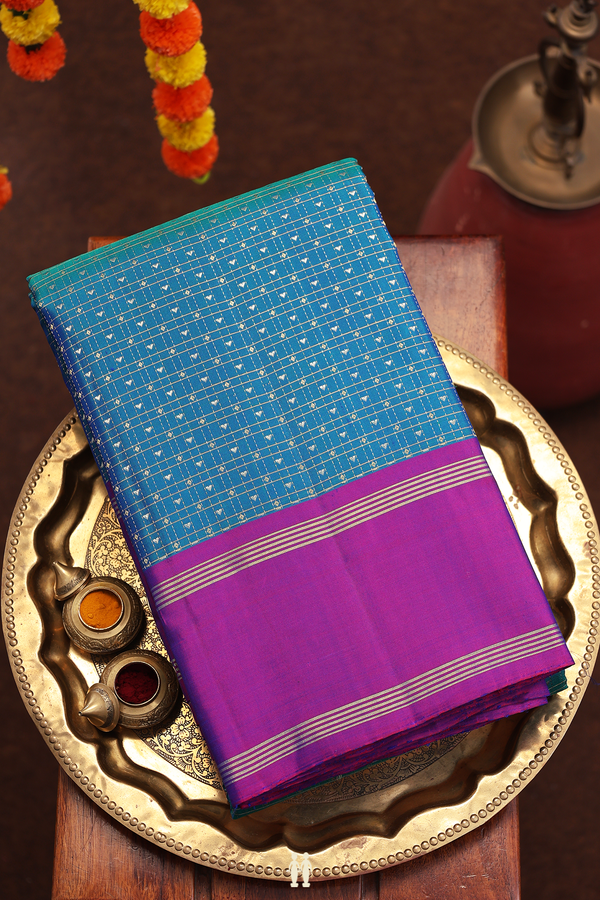 Kanchipuram Silk Saree In Teal Blue With Checks Design
