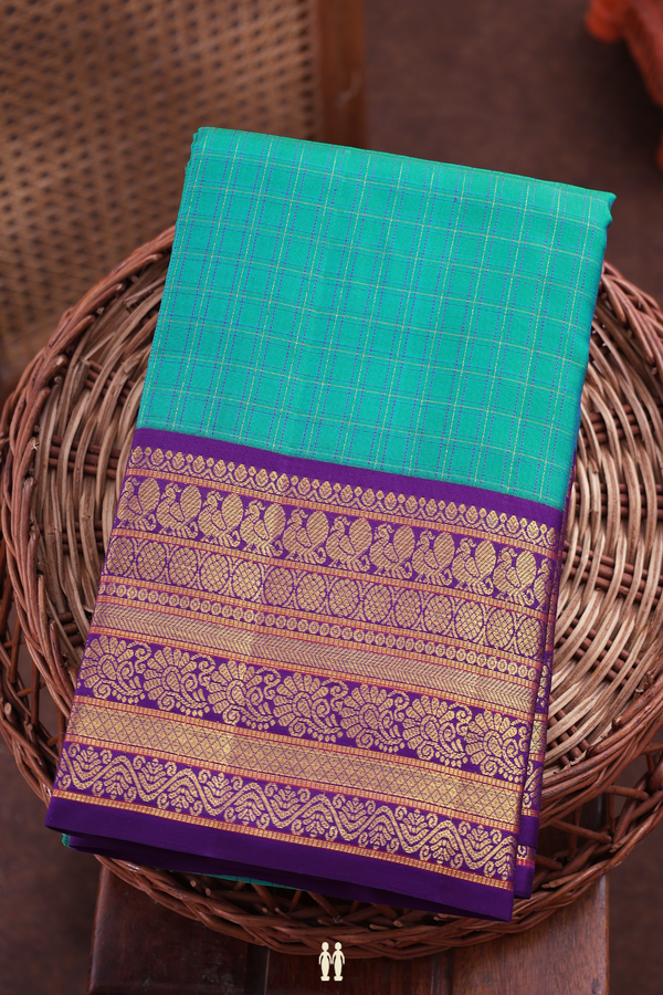 Kanchipuram Silk Saree In Teal Blue With Checks Design