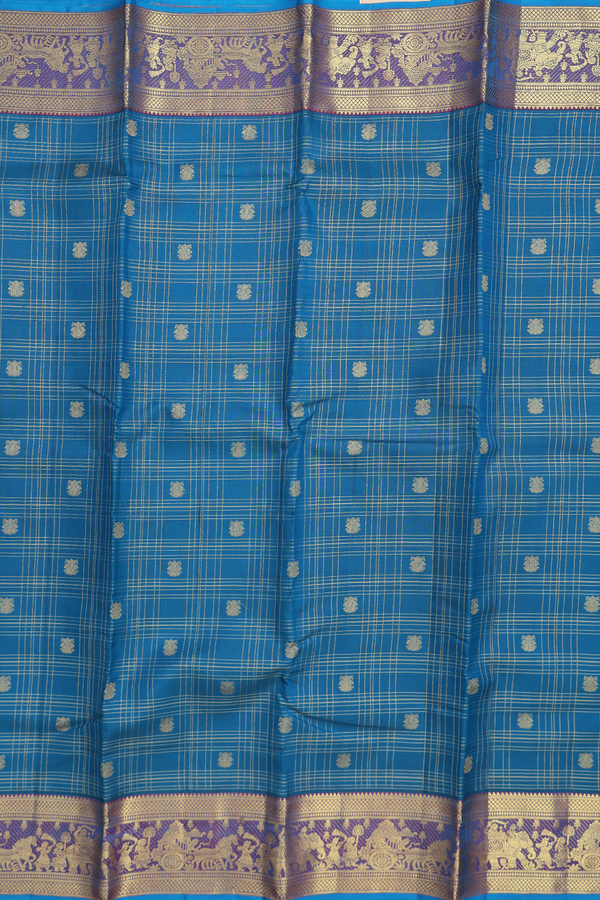 Kanchipuram Silk Saree In Teal Blue With Checks Design
