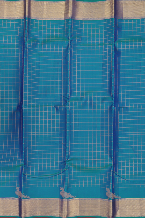 Kanchipuram Silk Saree In Teal Blue With Checks Design