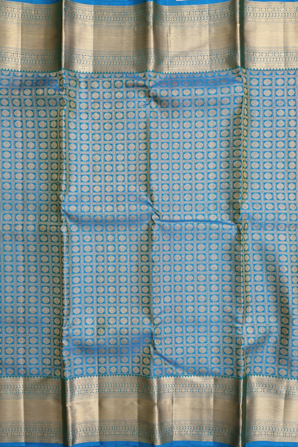 Kanchipuram Silk Saree In Teal Blue With Checks Design
