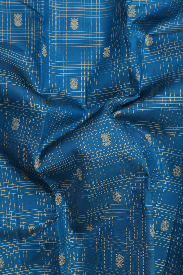 Kanchipuram Silk Saree In Teal Blue With Checks Design