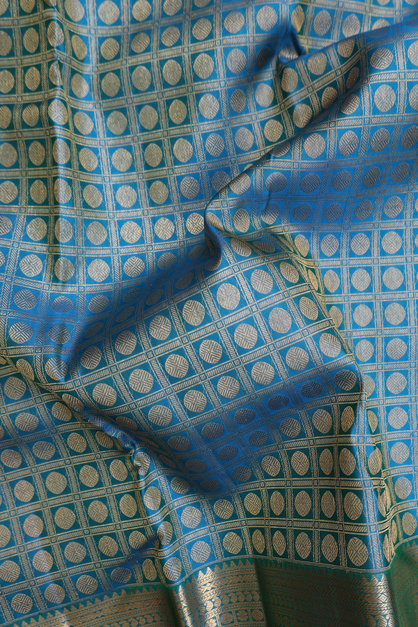 Kanchipuram Silk Saree In Teal Blue With Checks Design