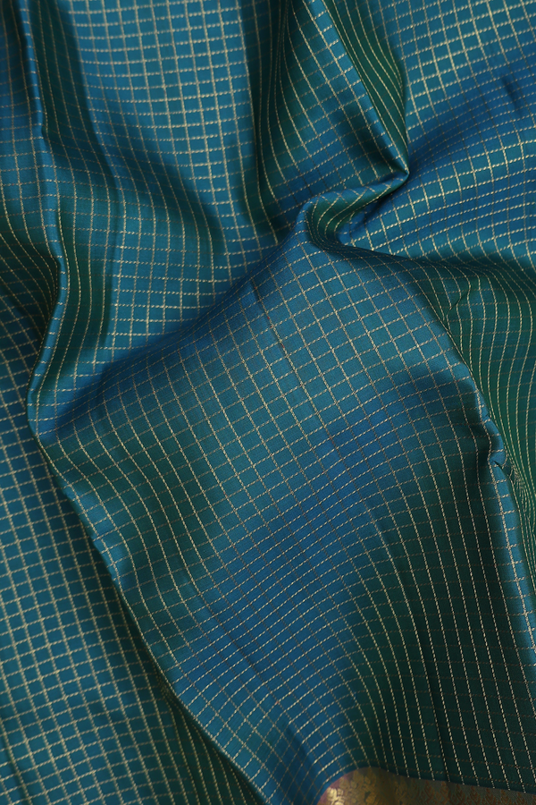 Kanchipuram Silk Saree In Teal Blue With Checks Design