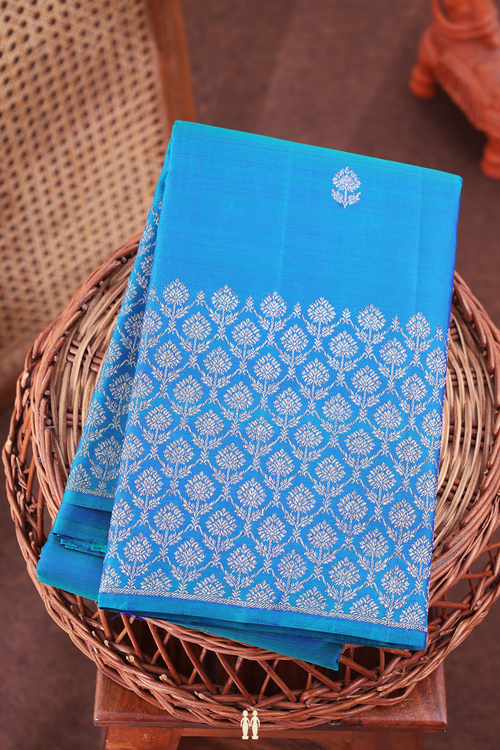 Kanchipuram Silk Saree In Teal Blue With Floral Buttas