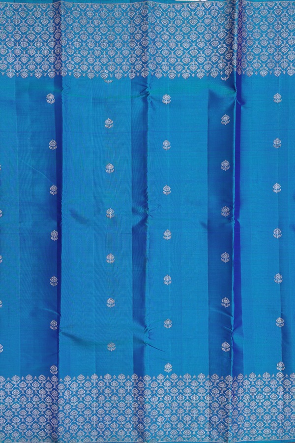 Kanchipuram Silk Saree In Teal Blue With Floral Buttas