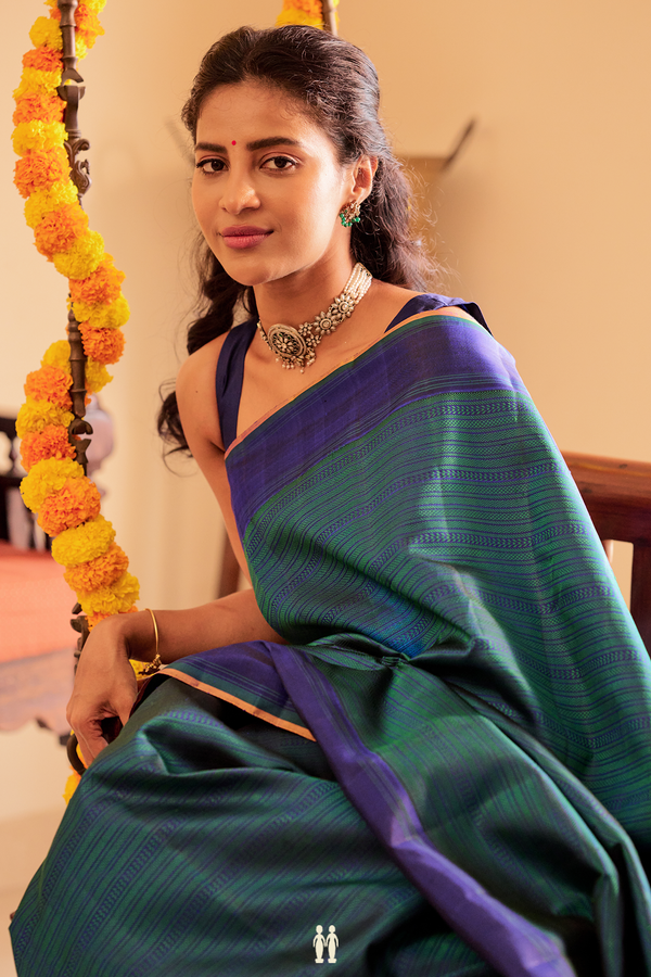 Kanchipuram Silk Saree In Teal Blue With Jacquard Pattern
