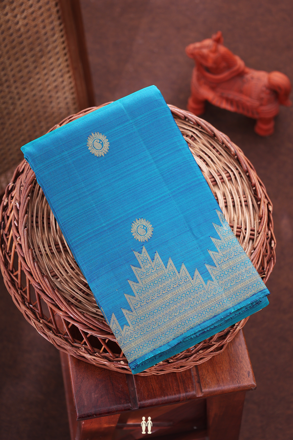Kanchipuram Silk Saree In Teal Blue With Paisley Buttas
