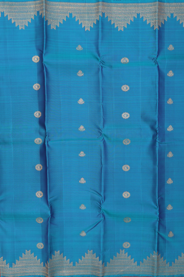 Kanchipuram Silk Saree In Teal Blue With Paisley Buttas