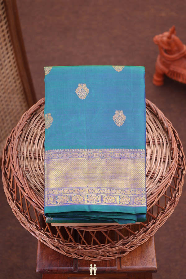 Kanchipuram Silk Saree In Teal Blue With Peacock Buttas