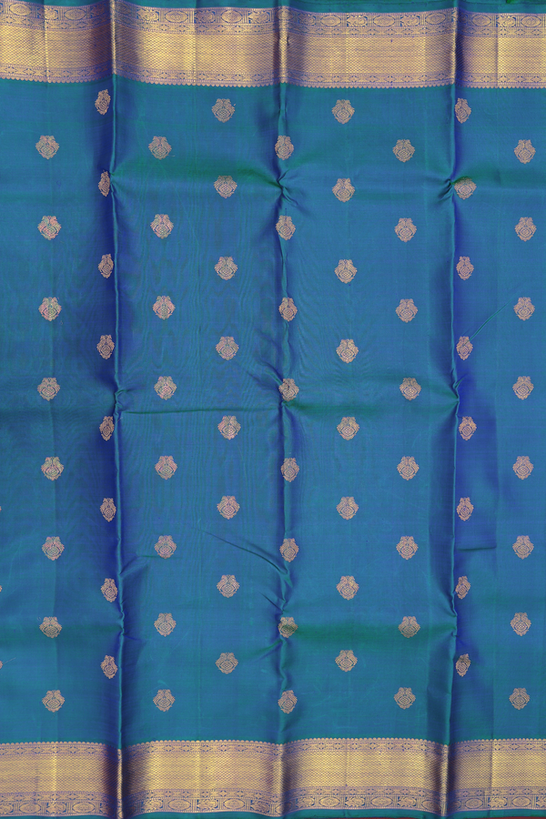 Kanchipuram Silk Saree In Teal Blue With Peacock Buttas