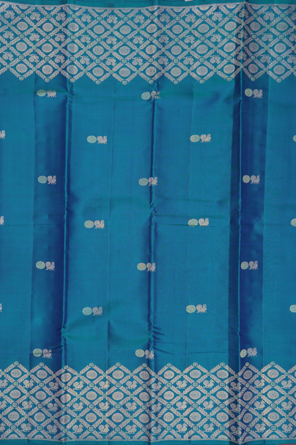 Kanchipuram Silk Saree In Teal Blue With Peacock Buttas