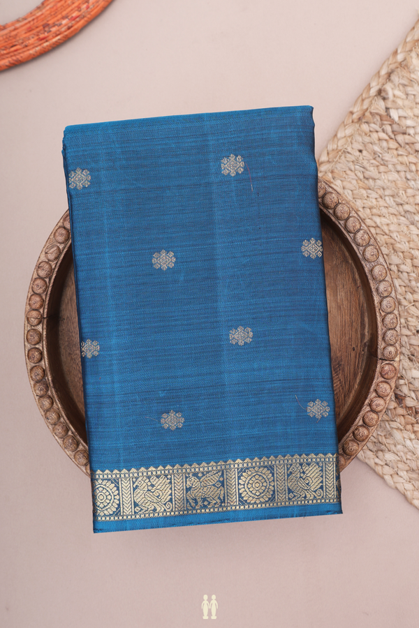 Kanchipuram Silk Saree In Teal Blue With Zari Buttas