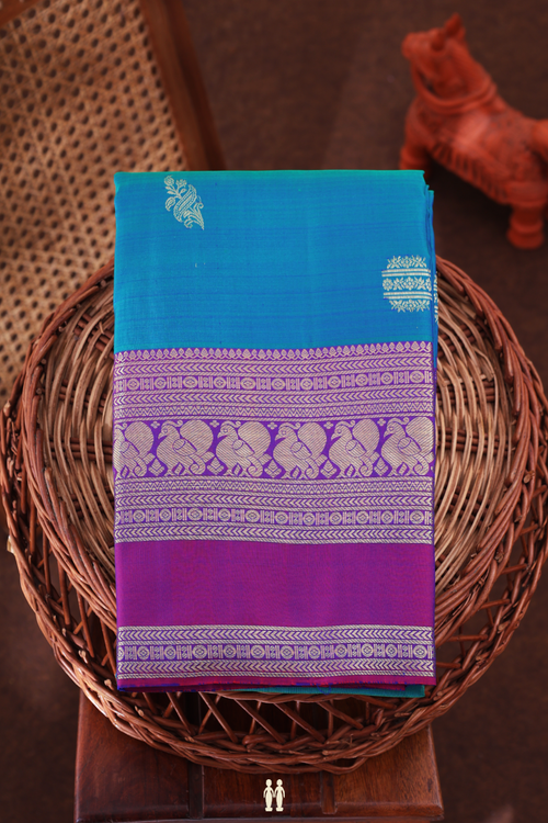 Kanchipuram Silk Saree In Teal Blue With Zari Buttas
