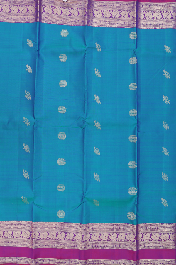 Kanchipuram Silk Saree In Teal Blue With Zari Buttas