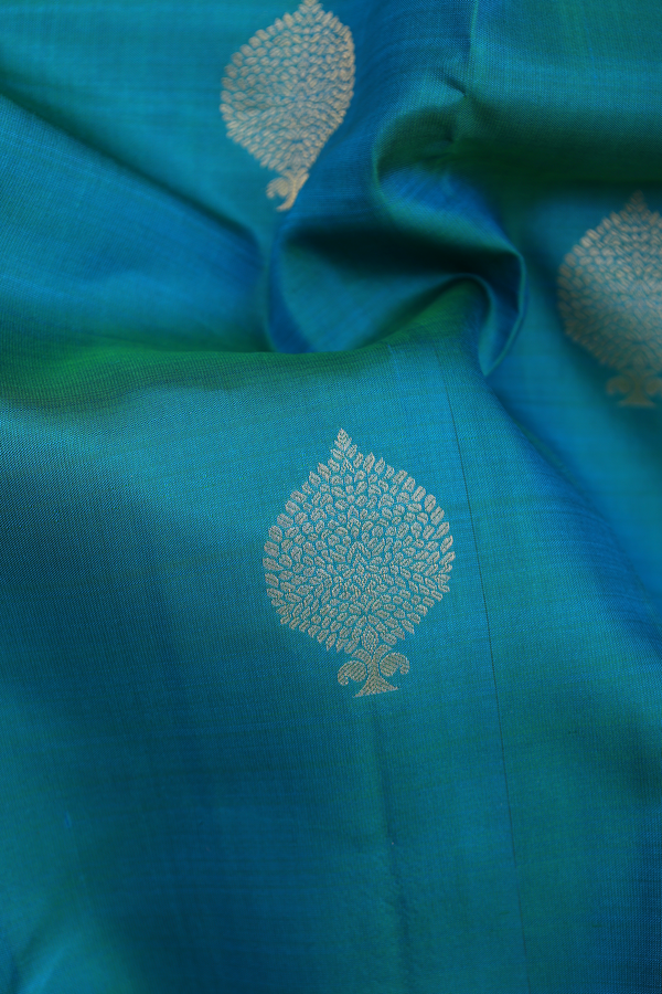 Kanchipuram Silk Saree In Teal Blue With Zari Buttas