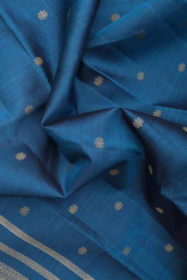 Kanchipuram Silk Saree In Teal Blue With Zari Buttas
