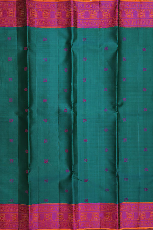 Kanchipuram Silk Saree In Teal Green With Peacock Buttas