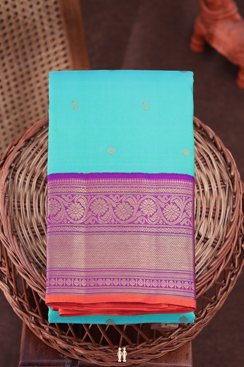 Kanchipuram Silk Saree In Tiffany Blue With Paisley Buttas