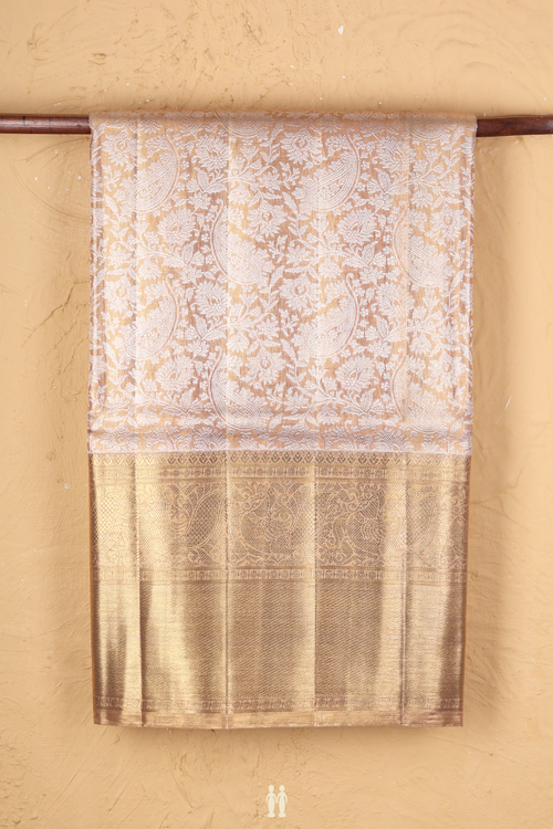 Kanchipuram Silk Saree In Tissue Orange With Floral Design