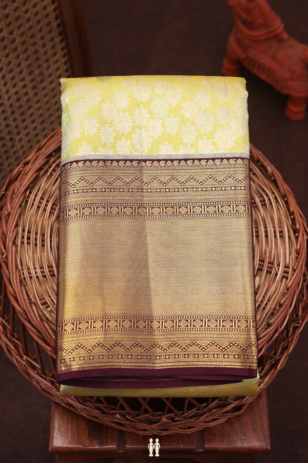 Kanchipuram Silk Saree In Tissue Yellow With Floral Design