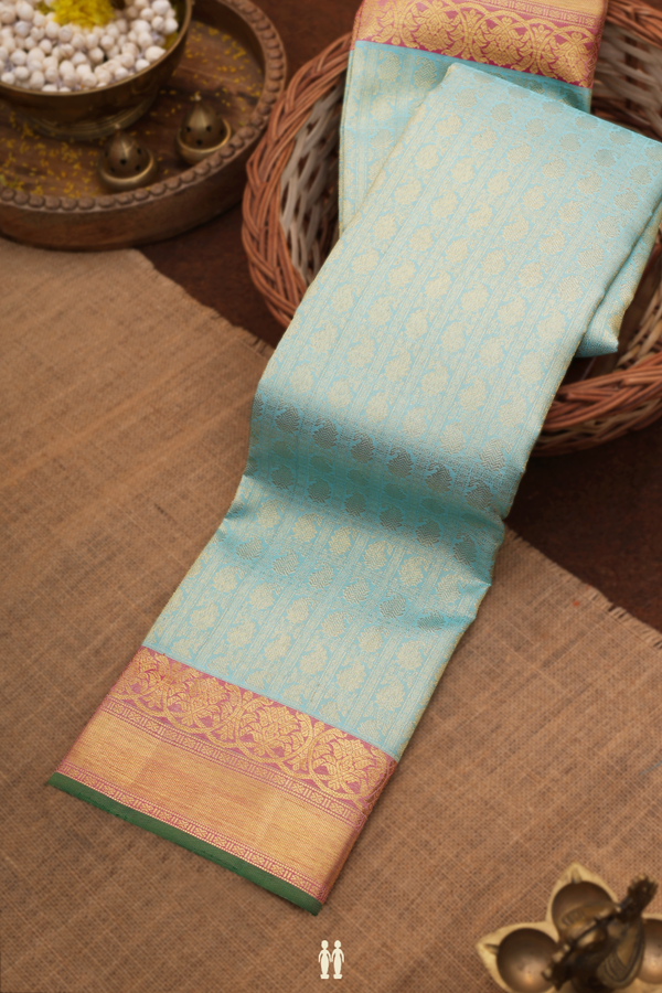 Kanchipuram Silk Saree In Turkish Blue With Checks Design