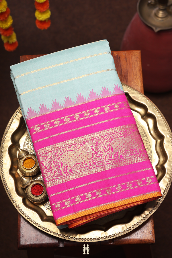 Kanchipuram Silk Saree In Turkish Blue With Stripes Design